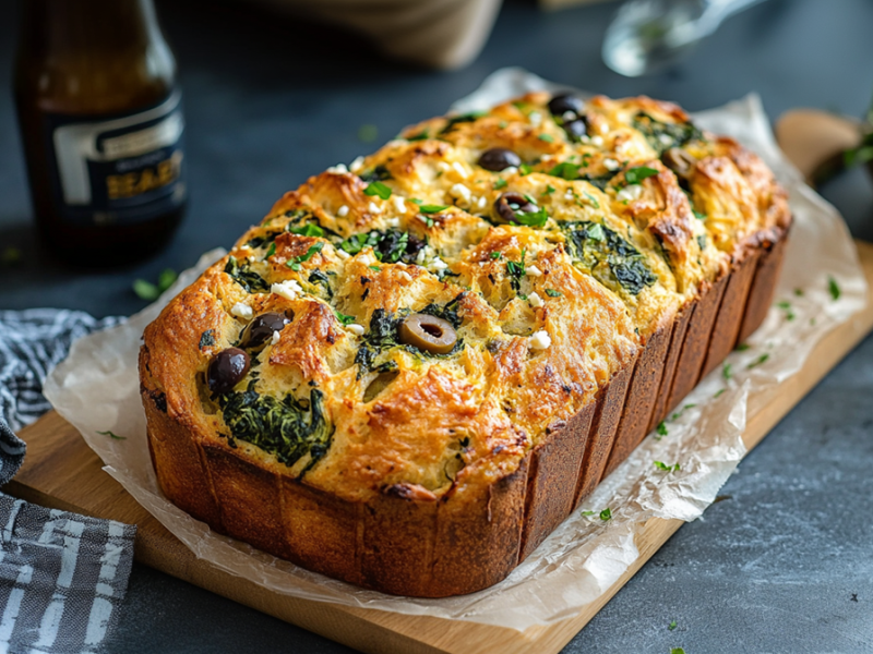 Ein kastenförmiges Spinat-Feta-Bierbrot mit Oliven, das auf einem Holzbrett mit einem Stück Backpapier liegt. Neben dem Brett liegt ein drapiertes blau-weiß gestreiftes Küchenhandtuch. Im Hintergrund ist eine Flasche Bier zu sehen. Außerdem liegt ein Bund frischer Kräuter herum.