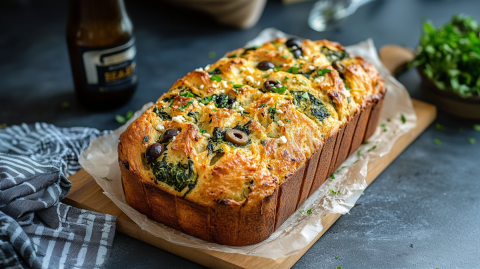 Ein kastenförmiges Spinat-Feta-Bierbrot mit Oliven, das auf einem Holzbrett mit einem Stück Backpapier liegt. Neben dem Brett liegt ein drapiertes blau-weiß gestreiftes Küchenhandtuch. Im Hintergrund ist eine Flasche Bier zu sehen. Außerdem liegt ein Bund frischer Kräuter herum.