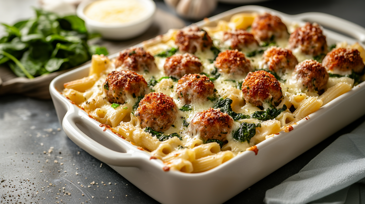 Eine Auflaufform voll mit Spinat-Hackbällchen-Nudelauflauf, der mit etwas Parmesan überbacken ist. Im Hintergrund ist ein Brett zu erkennen, auf dem etwas frischer Spinat liegt und eine Schale mit geriebenem Parmesan steht. Außerdem kann man eine Knoblauchknolle erkennen.