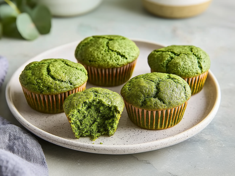 Fünf Spinatmuffins stehen auf einem Teller. Links neben dem Teller liegt ein graues Tuch. Im Hintergrund sieht man ein wenig Grünzeug.