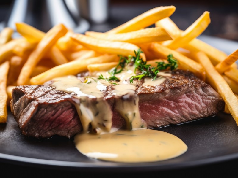 Teller Steak Frites mit Pommes frites und Sauce Béarnaise
