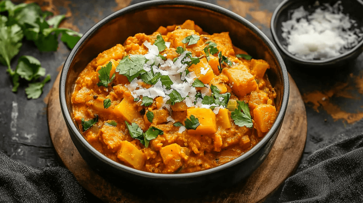 Steckrüben-Curry in einer dunklen Schüssel, garniert mit Koriander und Kokosflocken.