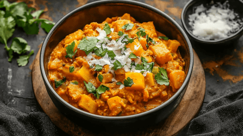 Steckrüben-Curry in einer dunklen Schüssel, garniert mit Koriander und Kokosflocken.