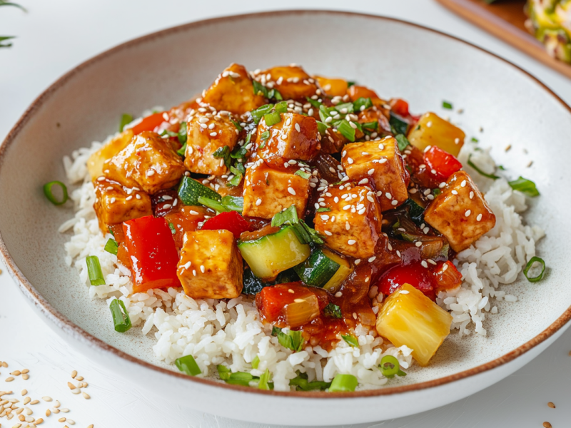 Eine Schüssel mit süß-saurem Tofu auf Reis. Er ist mit Frühlingszwiebeln sowie hellen Sesamkörnern garniert. Links im BIld sieht man die Blätter einer Ananas, rechts in der Ecke liegt eine halbierte Ananas auf einem Holzbrett.