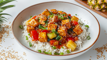 Eine Schüssel mit süß-saurem Tofu auf Reis. Er ist mit Frühlingszwiebeln sowie hellen Sesamkörnern garniert. Links im BIld sieht man die Blätter einer Ananas, rechts in der Ecke liegt eine halbierte Ananas auf einem Holzbrett.