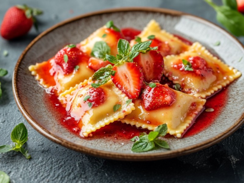 Süße Ravioli mit Erdbeerfüllung, Erdbeersoße und frischen Erdbeeren auf einem Teller.
