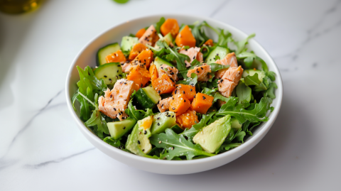 Ein Teller mit Süßkartoffel-Lachs-Salat, der außerdem Rucola, Avocado und Gurken enthält und mit Sesam garniert ist. Der Teller steht auf einer marmorierten Arbeitsfläche.