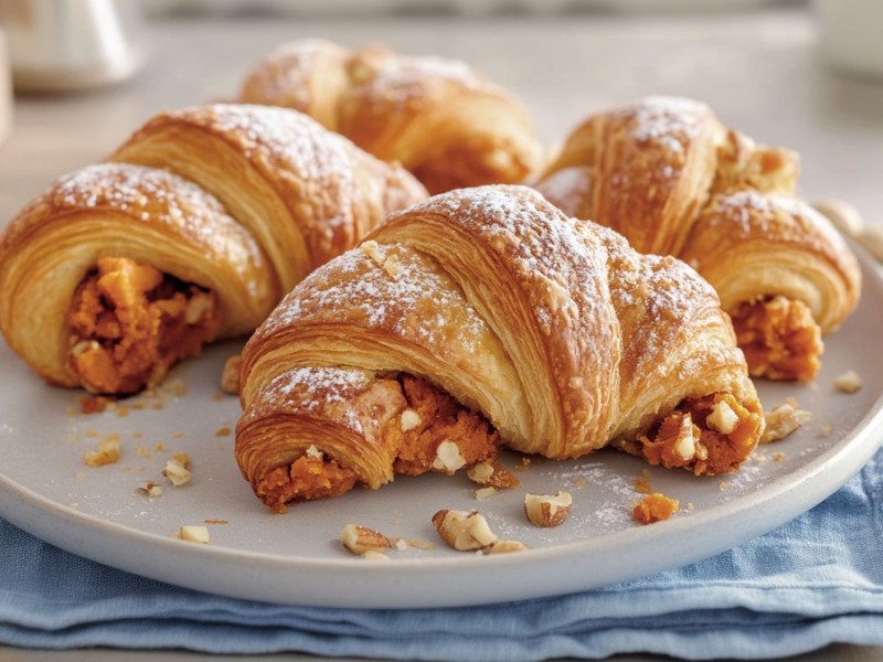 Mehrere Süßkartoffel-Nuss-Croissants auf einem Teller.