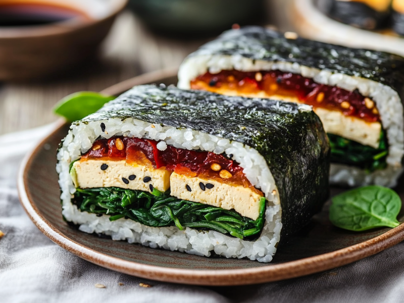 Zwei Onigirazu Sushi Sandwiches liegen auf einem braunen Teller. Sie sind mit getrockneten Tomaten, Tofu und frischem Spinat gefüllt. Der Teller steht auf einem grauen Küchentuch. Links im Bild sieht man noch eine Schale Spinat. Im Hintergrund sieht man eine Schale mit Sojasoße.