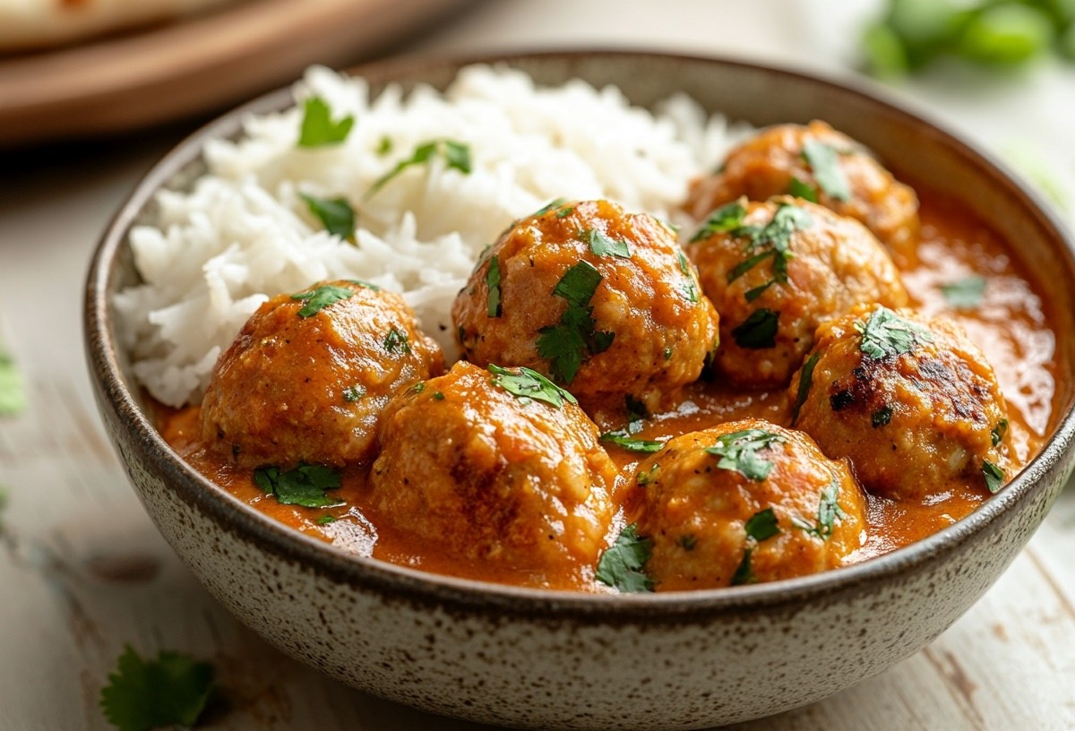 Eine Schüssel Reis mit Currysoße und Thai-Buletten. Nahaufnahme.