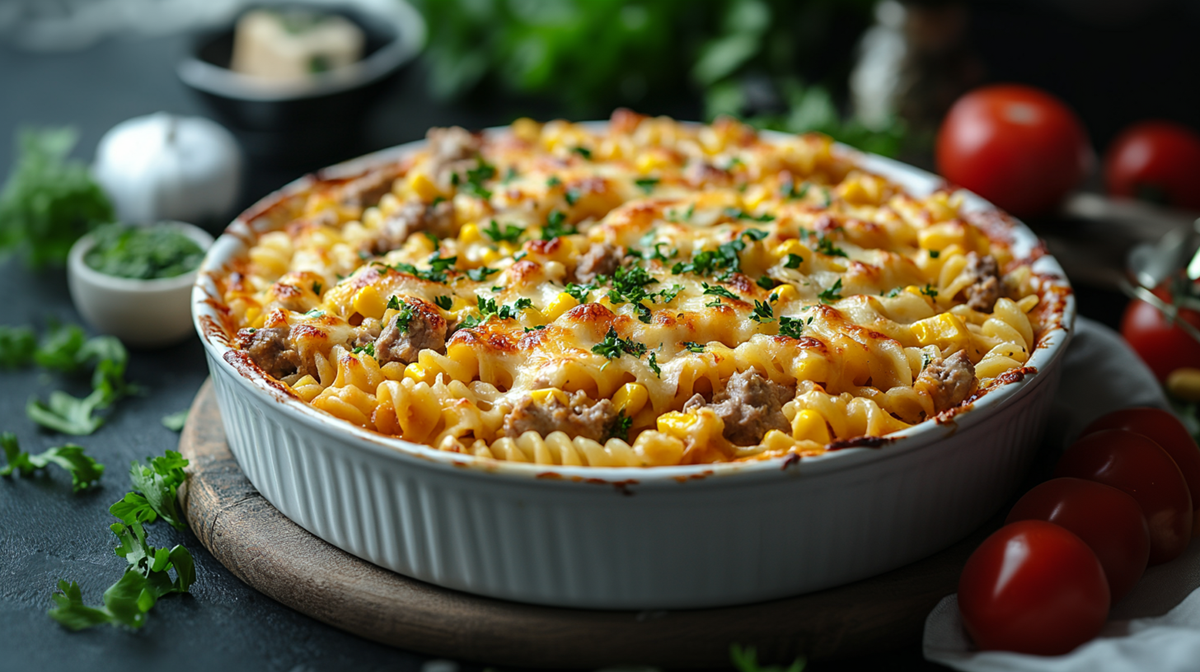Eine runde Gratinform mit Thunfisch-Mais-Nudelauflauf, der mit etwas frisch gehackter Petersilie oder anderen gehackten Kräutern garniert ist. Um den Auflauf herum liegen Tomaten und frische Kräuter verstreut. Die Form steht auf einem Holzbrett. Außerdem kann man unscharf eine Knoblauchzehe, eine Schale mit einem Stück Hartkäse sowie eine Schale mit gehackten Kräutern erkennen.