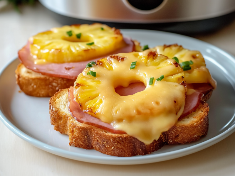 Zwei Toast Hawaii aus dem Aifryer liegen auf einem grauen Teller. Man sieht einen Airfryer im Hintergrund.