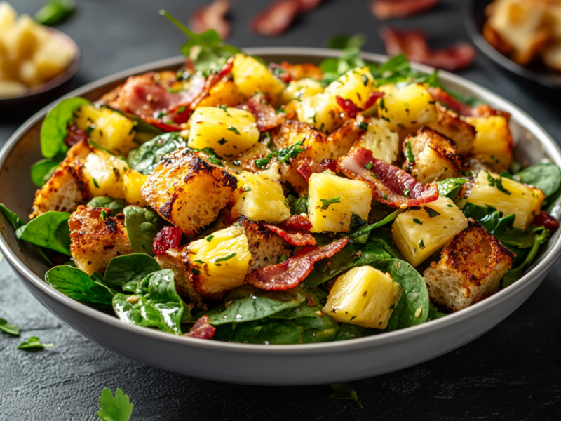 Ein Teller mit Toast-Hawaii-Salat, der aus Babyspinat, Ananas-Stücken und knusprigem Speck besteht. Im Hintergrund kann man eine kleine Schale mit Käsewürfeln erkennen. Außerdem liegen ein paar Stücke krosser Bacon herum und ein Teller mit gerösteten Brotstücken ist zu sehen.