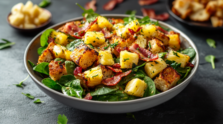 Ein Teller mit Toast-Hawaii-Salat, der aus Babyspinat, Ananas-Stücken und knusprigem Speck besteht. Im Hintergrund kann man eine kleine Schale mit Käsewürfeln erkennen. Außerdem liegen ein paar Stücke krosser Bacon herum und ein Teller mit gerösteten Brotstücken ist zu sehen.