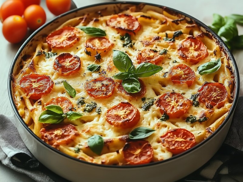 Form mit Tomaten-Mozzarella-Auflauf mit Nudeln