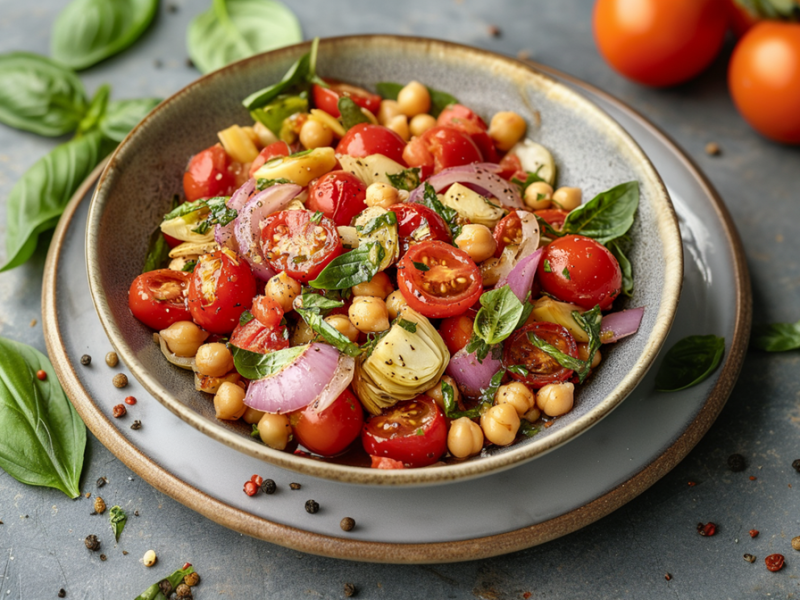 Ein Teller mit einer Portion Tomatensalat mit gerösteten Kichererbsen und Artischocken. Der Salat enthält außerdem Zwiebeln. Der Teller steht auf einem Unterteller. Um den Teller herum liegen Tomaten und frisches Basilikum sowie Pfefferkörner und Gewürze.