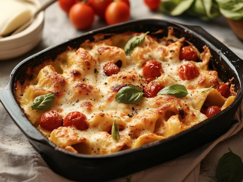 Ein Tortellini-Auflauf Caprese in einer Auflaufform in der Draufsicht.