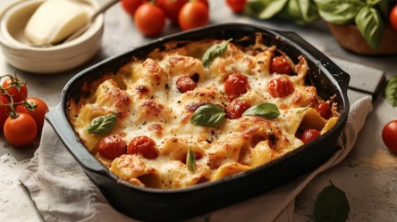 Ein Tortellini-Auflauf Caprese in einer Auflaufform in der Draufsicht.