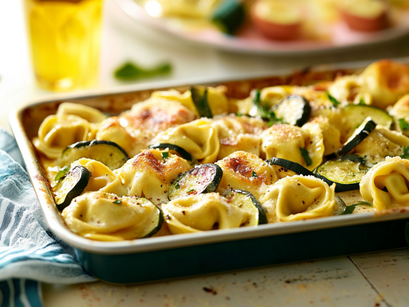 Tortelloni vom Blech auf einem schmalen Backblech. Sie sind mit Zucchinischeiben zubereitet. Links unterhalb des Blechs liegt ein Tuch. Im Hintergrund steht eine Flasche Öl.