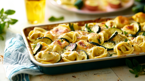 Tortelloni vom Blech auf einem schmalen Backblech. Sie sind mit Zucchinischeiben zubereitet. Links unterhalb des Blechs liegt ein Tuch. Im Hintergrund steht eine Flasche Öl.