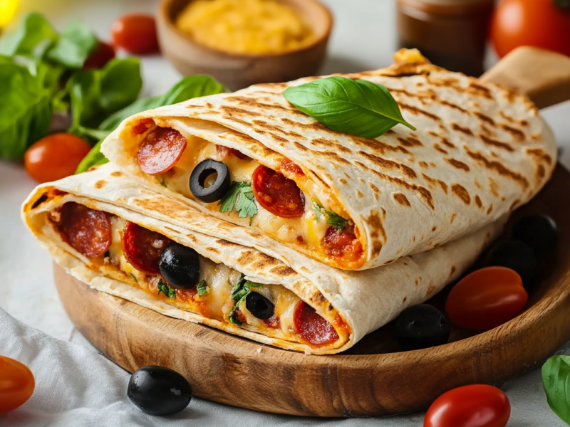 Zwei Tortilla-Pizzataschen liegen aufgeschnitten in einer Holzschale. Sie sind mit Salamischeiben, Oliven und frischen Kräutern gefüllt. Um sie herum liegen Tomaten und Oliven verteilt. Im Hintergrund sieht man frisches Basilikum und eine Schale mit geriebenem Cheddar.