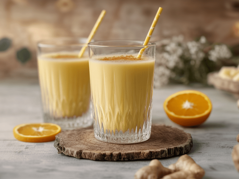 Zwei Gläser mit Vanille-Kurkuma-Orangen-Smoothie. Es steckt jeweils ein gelber Strohhalm im Glas. Ein Glas steht auf einer Holzscheibe. Um die Gläser herum liegen Orangenscheiben, Orangenhälften und Kurkumawurzeln. Im Hintergrund ist weiße Schafgarbe und Pflanzendeko zu sehen.