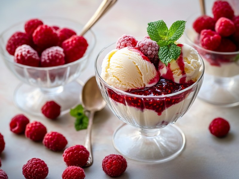 Schale Vanilleeis mit heißen Himbeeren