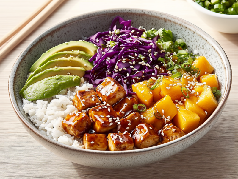 Eine Veggie Teriyaki-Bowl steht auf einem Holztisch. Sie besteht aus Reis, Tofuwürfeln, Mango, Frühlingszwiebeln, Rotkohl und Avocado. Links von ihr liegen Essstäbchen, rechts im Hintergrund sieht man eine Schale Frühlingszwiebeln.