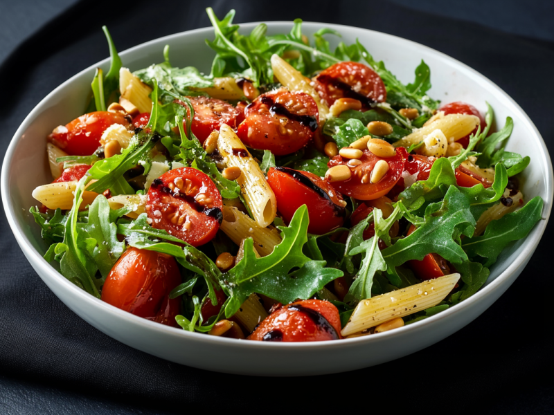 Eine Schüssel mit warmen Penne-Rucola-Salat steht auf dunklem Untergrund. Der Salat besteht aus Penne, Rucola, Tomaten, Balsamico-Creme und Pinienkernen.
