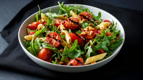 Eine Schüssel mit warmen Penne-Rucola-Salat steht auf dunklem Untergrund. Der Salat besteht aus Penne, Rucola, Tomaten, Balsamico-Creme und Pinienkernen.