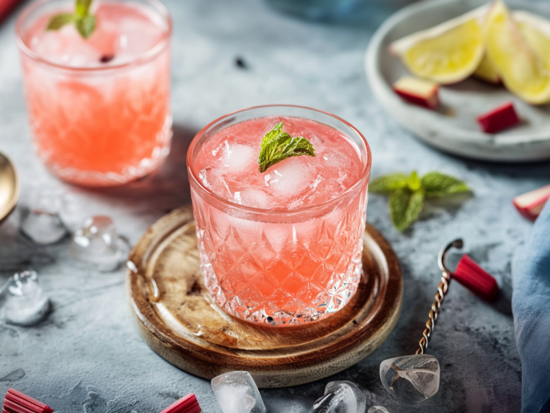 Zwei Gläser Wodka Sour mit Rhabarbersirup stehen auf einem Tisch. Sie sind umgeben von schmelzenden Eiswürfeln und Rhabarberstücken. Rechts im Bild ist noch ein Teller mit Zitronenspalten.
