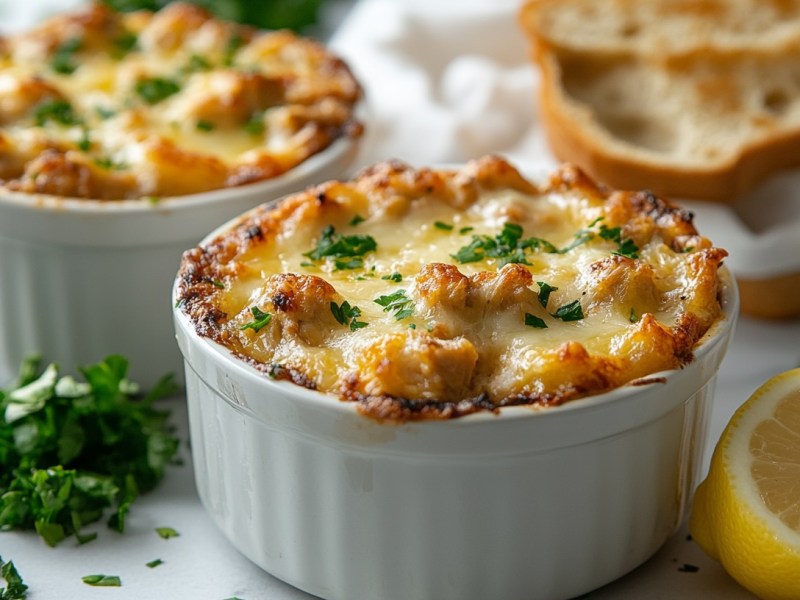 2 Förmchen mit Würzfleisch, bestreut mit Petersilie, daneben ein Stück Zitrone und geröstetes Weißbrot.