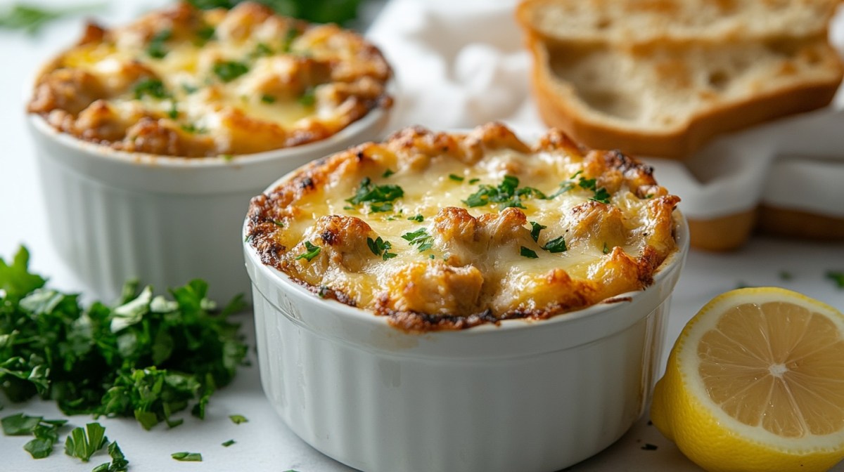 2 Förmchen mit Würzfleisch, bestreut mit Petersilie, daneben ein Stück Zitrone und geröstetes Weißbrot.