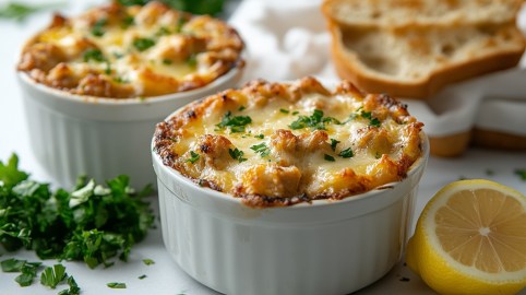 2 Förmchen mit Würzfleisch, bestreut mit Petersilie, daneben ein Stück Zitrone und geröstetes Weißbrot.