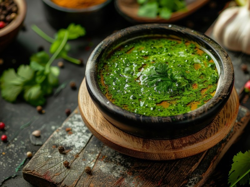 Eine Schale mit dem Kräuter-Dip Zhoug und Gewürzen daneben