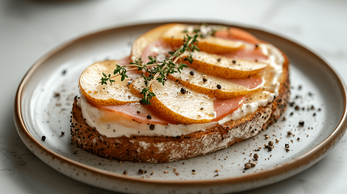 Ein Teller mit einer Scheibe Ziegenfrischkäse-Brot mit Schinken und karamellisierter Birne, die mit frischem Thymian und grobem schwarzen Pfeffer garniert ist.