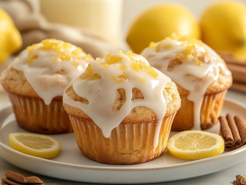 3 Zitronen-Frischkäse-Muffins mit Zuckerguss auf einem Teller, drumherum einige Zitronen und Zimtstangen.