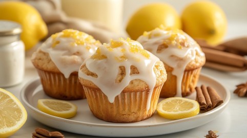 3 Zitronen-Frischkäse-Muffins mit Zuckerguss auf einem Teller, drumherum einige Zitronen und Zimtstangen.
