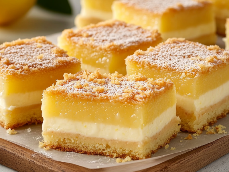 Einige Stücke Zitronen-Puddingkuchen vom Blech mit Streuseln.