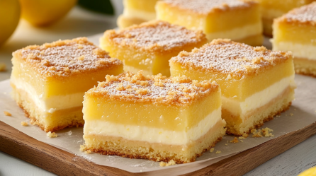 Einige Stücke Zitronen-Puddingkuchen vom Blech mit Streuseln.