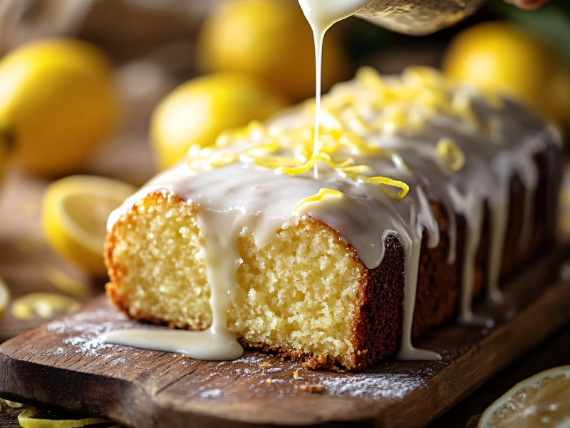 angeschnittener Joghurt-Zitronenkuchen mit Zuckerglasur