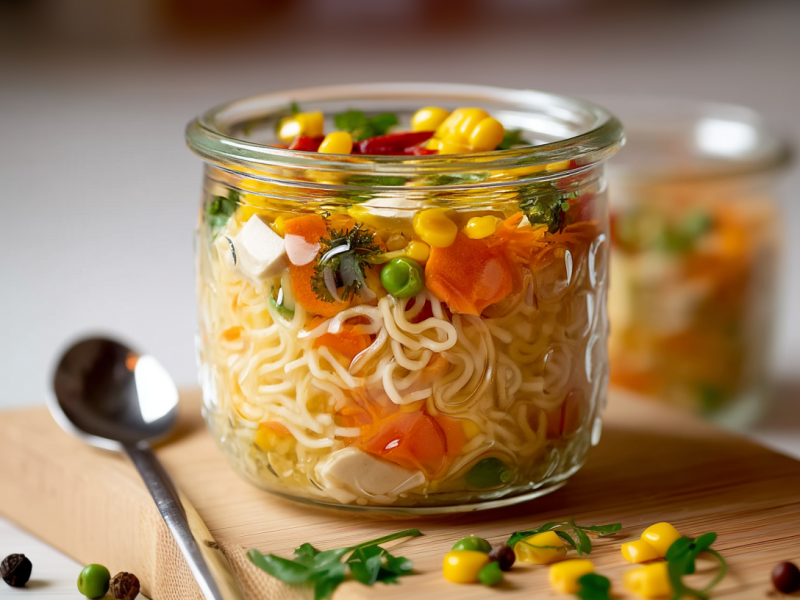 Zwei Gläser mit selbstgemachter 5-Minuten-Terrine. Das vordere Glas steht auf einem Holzbrett. Davor liegt ein Löffel und einige der Zutaten.