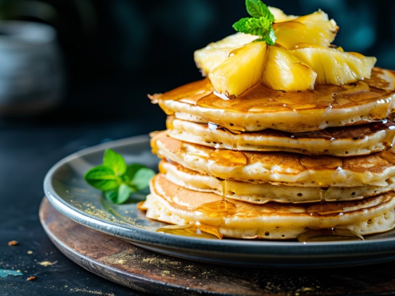 Ein Stapel Ananas-Pancakes auf einem Teller.