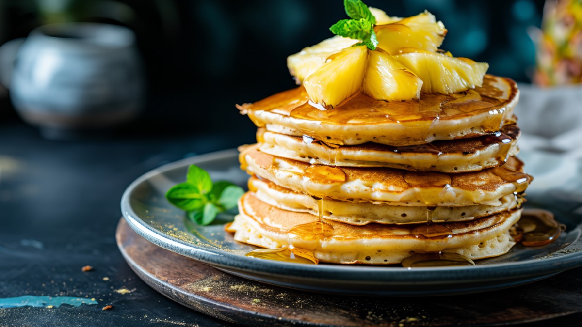 Ein Stapel Ananas-Pancakes auf einem Teller.