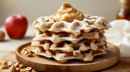 Vier Apfelwaffeln ohne Mehl und Butter liegen auf einem Holzbrett. Auf und neben dem Brett liegen noch einige Erdnüsse. Die Waffeln sind mit Erdnussmus getoppt. Im Hintergrund steht ein Apfel.