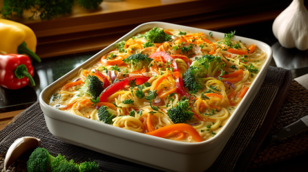 Asia-Erdnussnudeln aus dem Ofen in einer Auflaufform auf einem Tisch. Vor der Auflaufform liegt noch etwas Brokkoli und Knoblauch. Im Hintergrund sieht man noch zwei Paprikaschoten und eine weitere Knoblauchknolle.