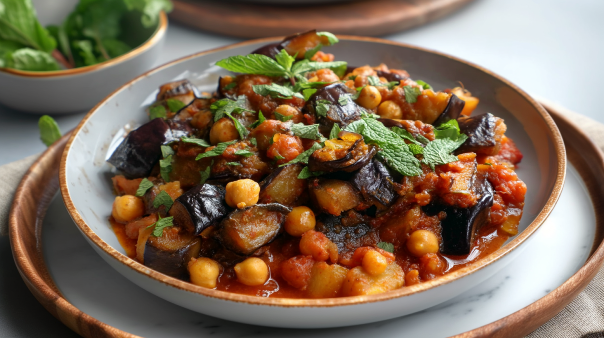 Auberginen-Kichererbsen-Eintopf auf einem grauen Teller. Im Hintergrund sieht man noch eine Schale mit frischer Minze. Der Teller steht auf einem Untersetzer