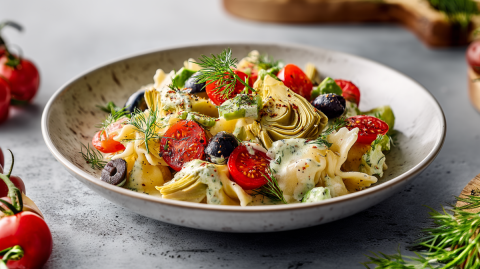 Ein Teller mit Avocado-Artischocken-Nudelsalat, der außerdem Cherrytomaten, Olivenöl und ein Joghurt-Dill-Dressing enthält. Der Teller steht auf einer Hellen Arbeitsfläche. Ringsum liegen ein paar Strauchtomaten und etwas frischer Dill. Im Hintergrund kann man ein Holzbrett erkennen.