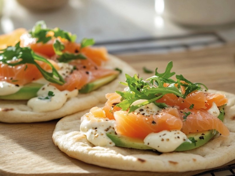 Zwei Avocado- Lachs-Flatbreads auf einem Holzbrett.