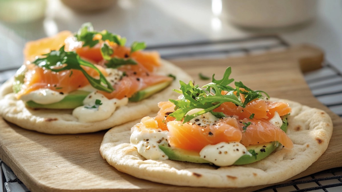 Zwei Avocado- Lachs-Flatbreads auf einem Holzbrett.